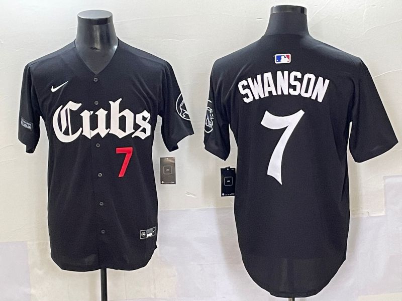 Men 2025 Chicago Cubs 7 Swanson Black Five generations Joint Name Nike MLB Jersey style 7